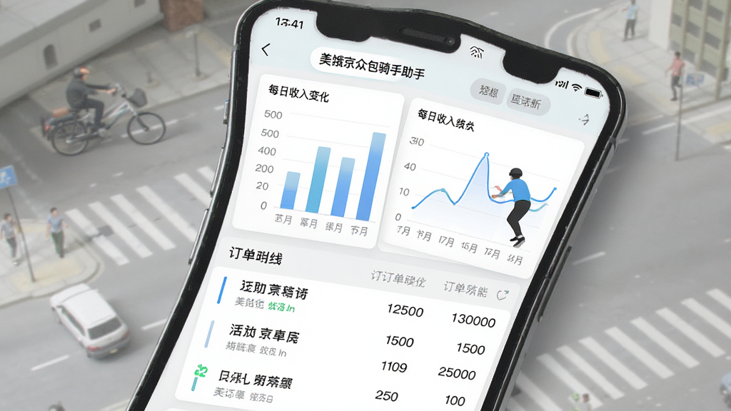 一张展示美饿京众包骑手助手收入统计功能的界面图,画面中手机屏幕显示收入报表页面,有柱状图和折线图展示每日收入变化,下方列出订单明细列表,界面风格清新浅色,细节清晰,画质干净,无多余元素