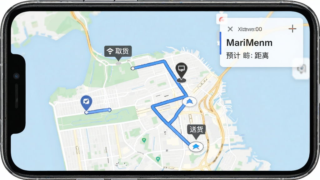 一张展示美饿京众包骑手助手智能路线规划功能的界面图,画面中手机屏幕显示地图导航界面,地图上标注了取货点和送货点的路线,路线用蓝色高亮显示,旁边有预计时间和距离信息,背景为浅色地图风格,细节清晰,画质干净,无多余元素