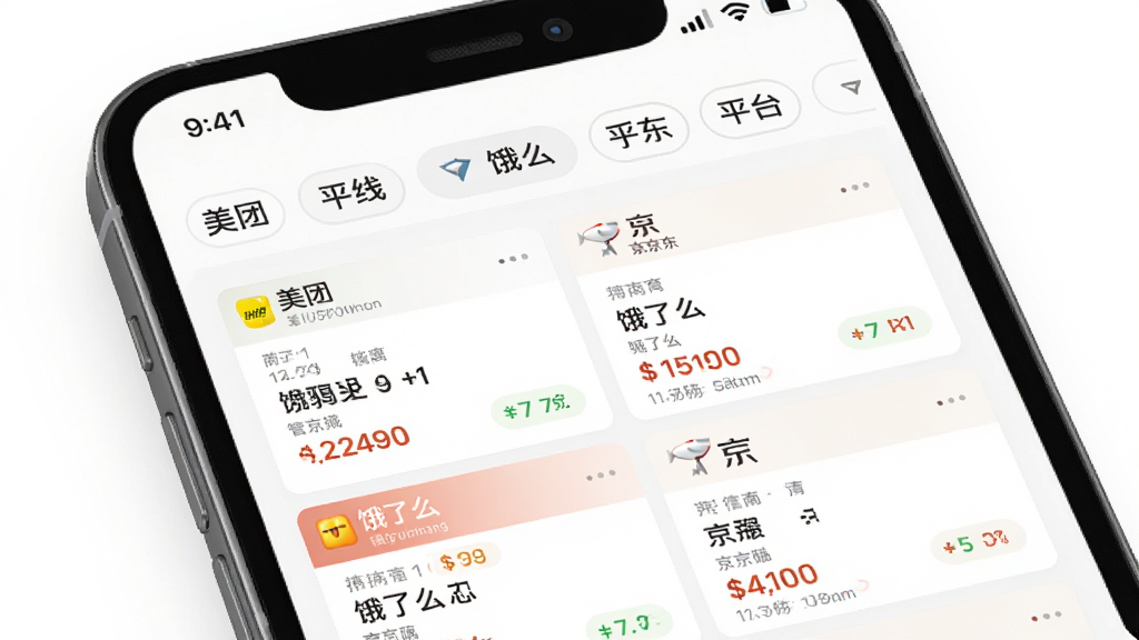 一张展示美饿京众包骑手助手多平台订单聚合功能的界面图,画面中一部手机屏幕上同时显示美团、饿了么、京东三个平台的订单卡片,订单按距离和价格排序,界面顶部有平台筛选标签,背景为白色,风格简约商务,细节清晰,画质干净,无多余元素