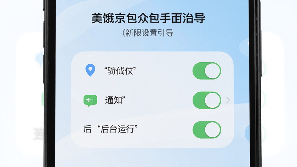 一张展示美饿京众包骑手助手新手设置引导界面的手机截图,画面中手机屏幕显示权限开启引导页面,有定位、通知、后台运行三个权限开关,界面风格柔和圆角,背景为浅蓝色渐变,细节清晰,画质干净,无多余元素