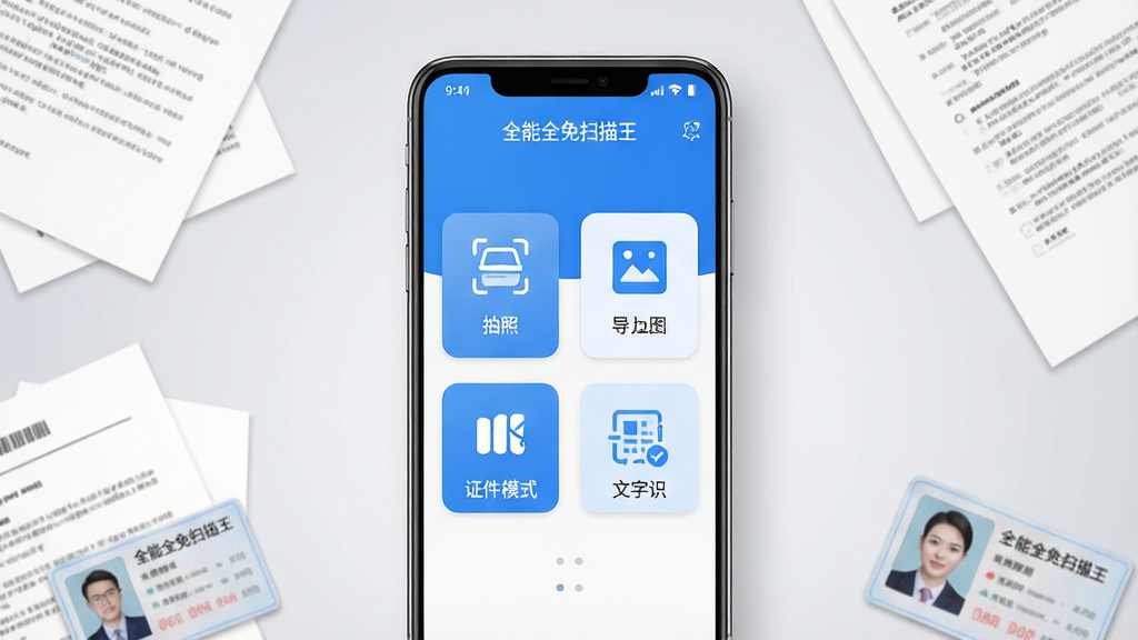 一张展示“全能全免扫描王”手机应用主界面的产品渲染图,画面中央是一部竖屏安卓手机,手机屏幕上清晰显示扫描软件首页布局,包含拍照扫描、导入图片、证件模式、文字识别四个主要功能入口图标,界面风格简洁清爽,主色调为蓝色与白色搭配,手机周围散落几张纸质文档和一张身份证作为装饰元素,背景为浅灰色渐变,整体排版居中对称,风格为现代科技产品展示风,细节上突出手机屏幕的UI图标与文字标签,画质高清,画面干净,无多余元素