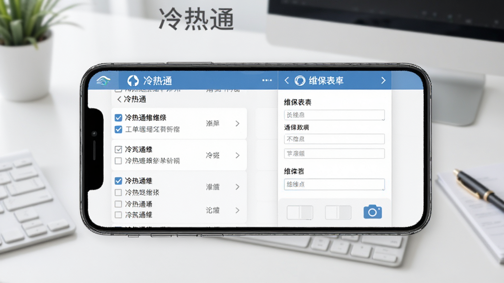 冷热通维保记录与工单管理界面图,画面中央展示手机屏幕上的工单列表和维保表单填写页面,背景为整洁的办公桌面,布局上下结构,风格清新商务,细节包括勾选框、文本输入框和相机图标,画质高清,干净无多余元素,图片中文字为“冷热通”