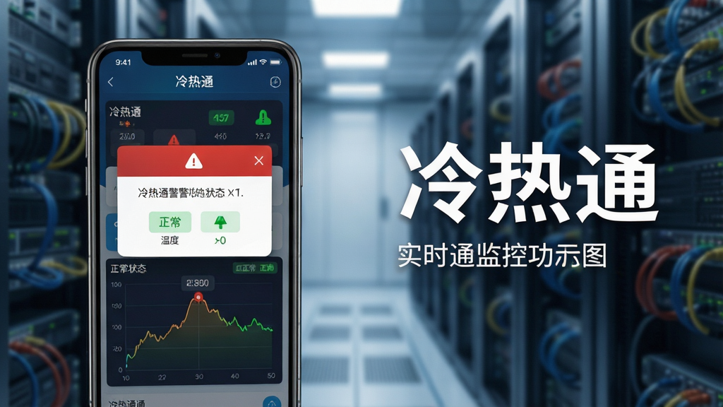 冷热通实时监控功能展示图,画面主体为一部手机屏幕显示冷热通APP的告警弹窗和温度曲线图,背景是模糊的机房设备,布局采用左图右文样式,风格写实科技感,细节包括红色告警图标和绿色正常状态标识,画质清晰,干净无多余元素,图片中文字为“冷热通”