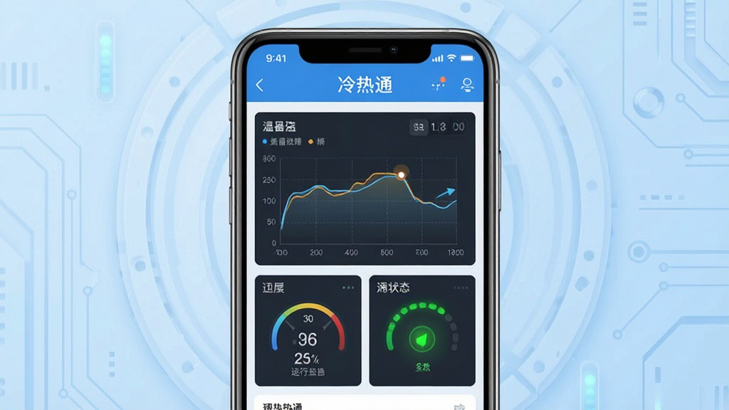 冷热通软件主界面预览图,画面中央放置一部智能手机,屏幕显示冷热通APP的设备监控仪表盘,包含温度曲线、压力数值和运行状态指示灯,背景为简洁的浅蓝色科技风格,主体突出,布局居中,排版清晰,风格现代简约,细节丰富,画质高清,干净无多余元素,图片中文字为“冷热通”