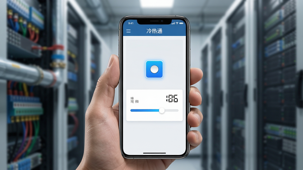 冷热通远程控制功能示意图,画面主体为一只手拿着手机,屏幕显示冷热通APP的远程控制面板,包含开关按钮和温度调节滑块,背景为模糊的机房管道,布局手部特写居中,风格写实科技,细节包括按钮高亮和数值显示,画质高清,干净无多余元素,图片中文字为“冷热通”