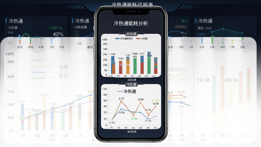 冷热通能耗统计报表界面图,画面主体为手机屏幕显示彩色柱状图和折线图,图表标题为“冷热通能耗分析”,背景为深色数据大屏风格,布局居中对称,风格专业数据可视化,细节包括图例、坐标轴和数据标签,画质清晰,干净无多余元素,图片中文字为“冷热通”