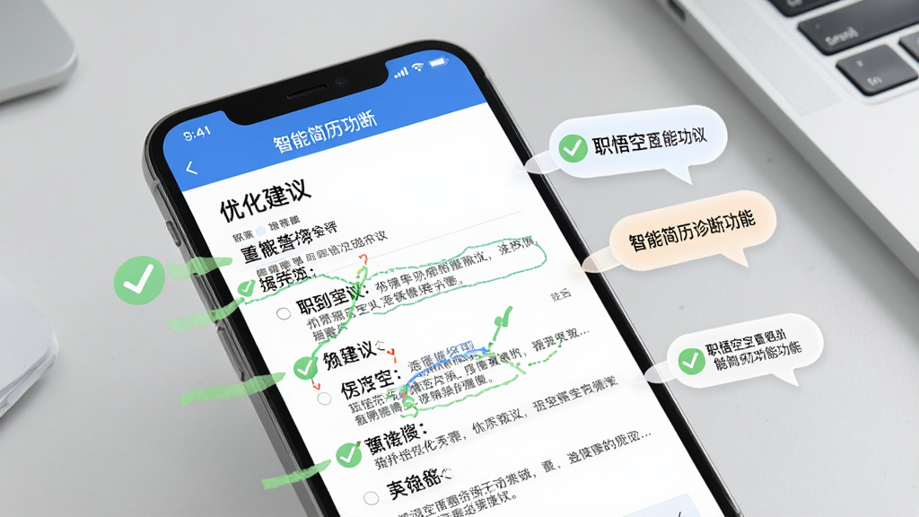 职悟空智能简历诊断功能界面,画面展示手机屏幕中一份简历被逐项标注优化建议,旁边有对勾和提示气泡,背景为淡灰色办公桌面,风格商务简约,细节清晰,画质干净,屏幕内文字为中文,无多余装饰元素
