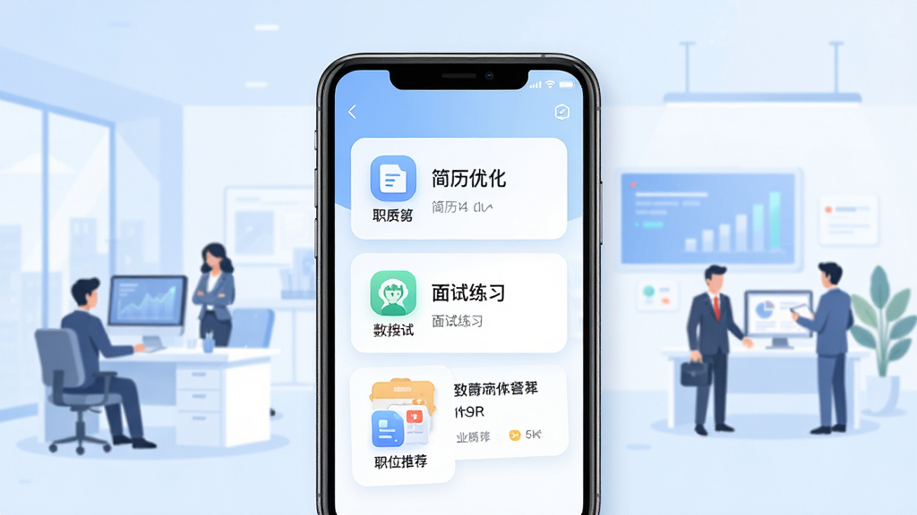 职悟空手机应用主界面展示,画面中央放置一部智能手机,屏幕内呈现清爽的求职功能卡片布局,包含简历优化、面试练习、职位推荐等模块图标,背景为浅蓝与白色渐变的职场场景插画,风格简洁现代,细节干净,画质清晰,无多余元素