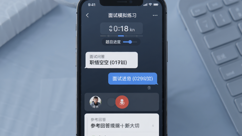 职悟空面试模拟练习界面,画面中手机屏幕显示面试问答对话框,上方有计时器与题目进度,下方有录音按钮与参考回答区域,背景为柔和蓝灰色调,风格专业稳重,细节丰富,画质清晰,无杂乱元素
