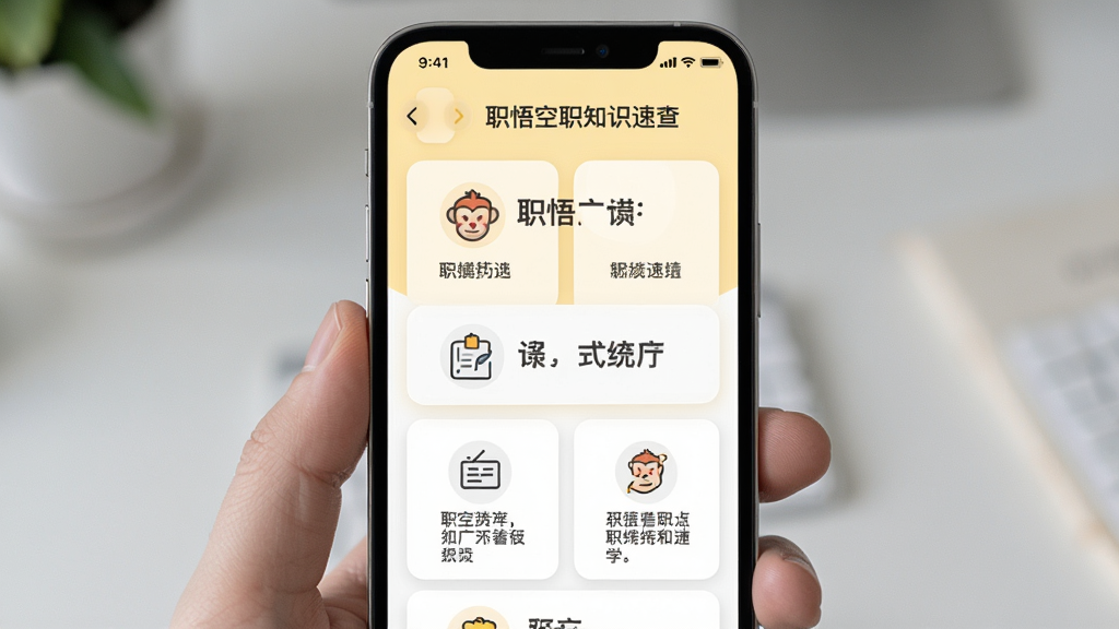 职悟空职场知识速查页面,手机屏幕显示图文并茂的知识卡片,卡片上有简洁图标与短文字说明,背景为淡黄色与白色搭配,风格温和易读,细节清晰,画质干净,无多余装饰