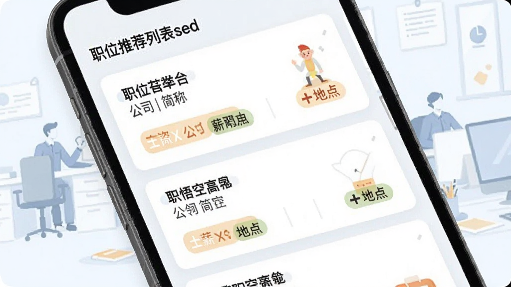 职悟空职位推荐列表界面,手机屏幕内展示多条职位卡片,每条包含岗位名称、公司简称、薪资范围与地点标签,背景为浅色系职场插画,风格清新明快,排版整齐,画质干净,无多余元素