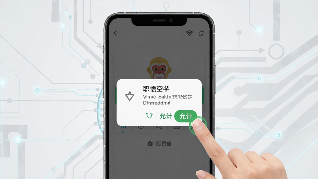 职悟空安卓手机安装与权限设置示意图,画面展示手机屏幕弹出权限请求对话框,旁边有手指点击允许的示意,背景为浅灰色科技感线条,风格简洁明了,细节清晰,画质干净,无多余元素
