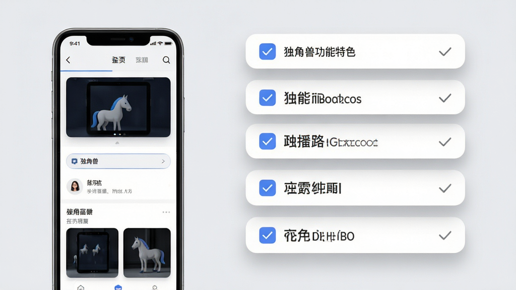 独角兽功能特色展示图,画面左侧为手机界面截图样机,右侧为展开的功能标签列表,布局采用左右分栏排版,风格为商务科技感,细节上标签带有勾选图标和柔和投影,背景为浅灰色,画质锐利干净,无多余装饰元素