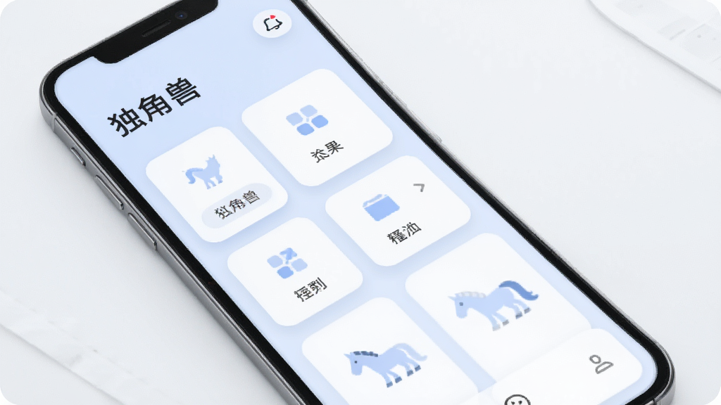 独角兽软件主界面预览图,画面中一部智能手机竖屏展示,屏幕内呈现淡蓝色背景的卡片式布局,卡片上带有