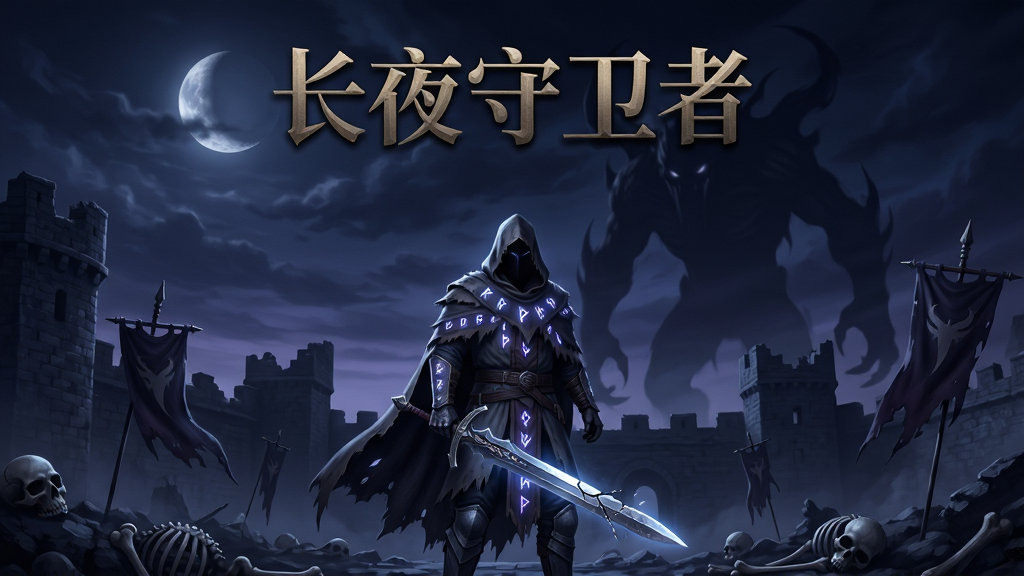 画面主体为一位身披破旧斗篷的守卫者手持发光长剑,站在被黑暗吞噬的废墟城墙之上,远处有巨大暗影生物轮廓;布局采用中心构图,人物占据画面下方三分之一,上方为深邃夜空与残月;排版上游戏名称“长夜守卫者”以暗金色字体置于画面正上方;风格为暗黑奇幻写实风格,色调以深蓝、暗紫与冷灰为主;细节包括斗篷上的符文微光、剑刃上的裂痕、地面散落的骨骸与残破旗帜;画质为4K高清,干净无多余元素,画面锐利,光影层次分明