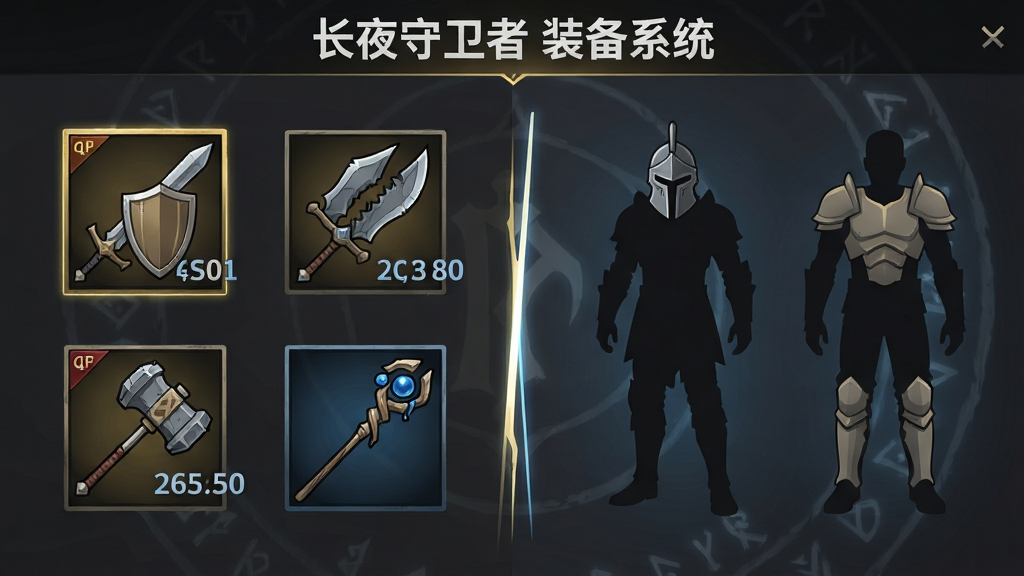 画面主体为游戏内装备界面与角色属性面板的虚拟展示,左侧陈列剑盾、双刃、重锤、法杖四类武器图标,右侧为角色穿戴头盔、胸甲、护腿的剪影;布局采用左右分栏式,中间以发光分隔线隔开;排版上顶部以白色字体标注“长夜守卫者 装备系统”;风格为暗黑奇幻UI界面风格,色调以深灰、暗金与幽蓝为主;细节包括装备图标上的品质边框、属性数值的浮动动画、背景中若隐若现的符文纹路;画质为高清矢量渲染,界面干净整洁,无杂乱元素