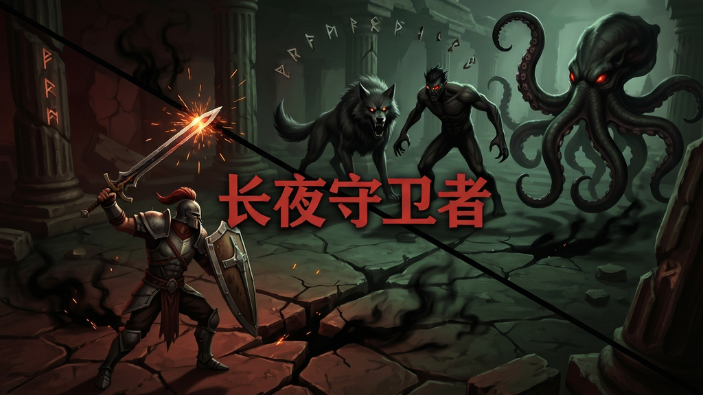 画面主体为守卫者与三种不同形态的暗影怪物在破碎神殿中对峙,守卫者左手持盾右手举剑,怪物分别呈现狼形、人形与巨型触手形态;布局采用对角线构图,守卫者位于左下,怪物群位于右上;排版上画面中央以猩红字体显示“长夜守卫者”字样;风格为暗黑动作游戏概念图,色调以暗红、墨绿与深棕为主;细节包括地面裂纹中渗出的黑雾、武器碰撞产生的火星、背景中倒塌的石柱与悬浮的符文;画质为电影级渲染,干净利落,无多余装饰元素