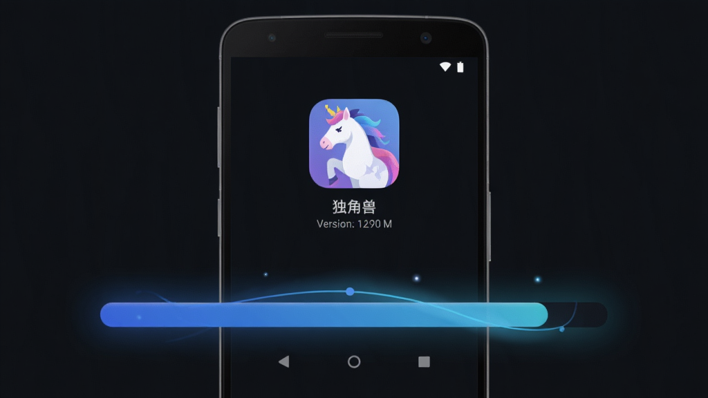 独角兽移动端操作界面示意图,画面中一部安卓手机正在展示安装进度条,屏幕上方显示