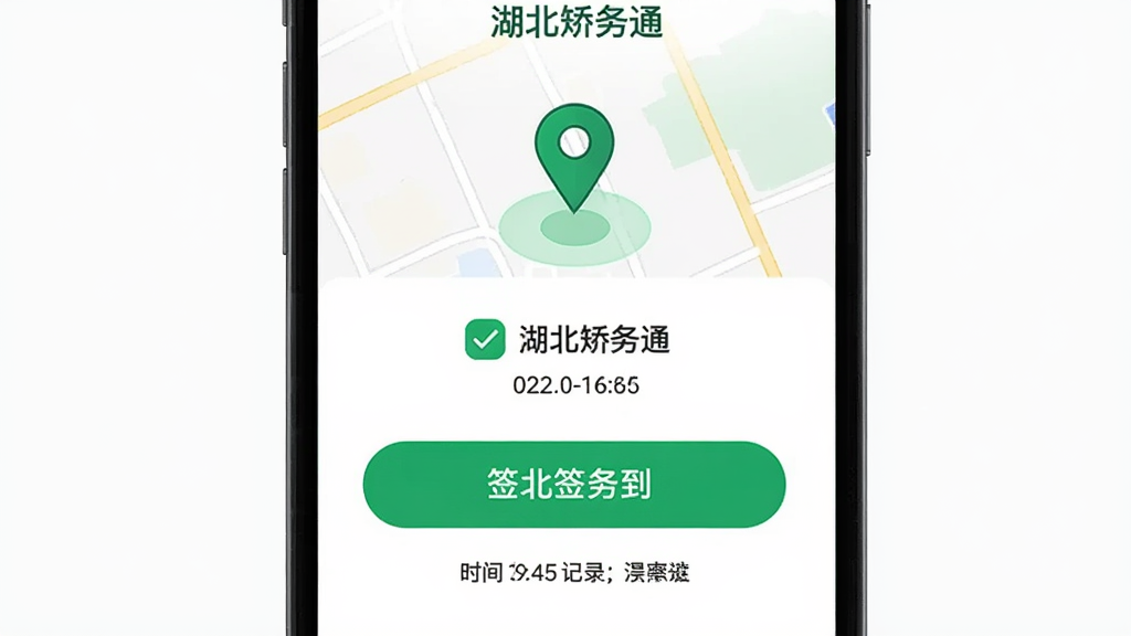 主体为手机屏幕显示签到成功页面,布局采用上下结构,上方为地图定位标记,下方为签到按钮与时间记录,排版直观明了,风格为清新简约风,细节包含绿色对勾图标、时间戳、定位光圈,画质高清,干净,无多余元素,画面中文字为