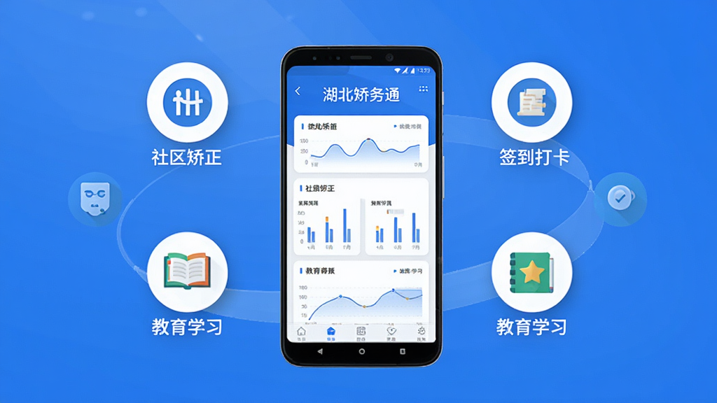 主体为一部安卓手机屏幕显示湖北矫务通软件首页界面,布局采用居中构图,手机周围环绕社区矫正、签到打卡、教育学习等扁平化图标元素,排版简洁清晰,风格为现代政务科技风,细节包含蓝白配色界面、圆角卡片、图表数据展示,画质高清,干净,无多余元素,画面中文字为