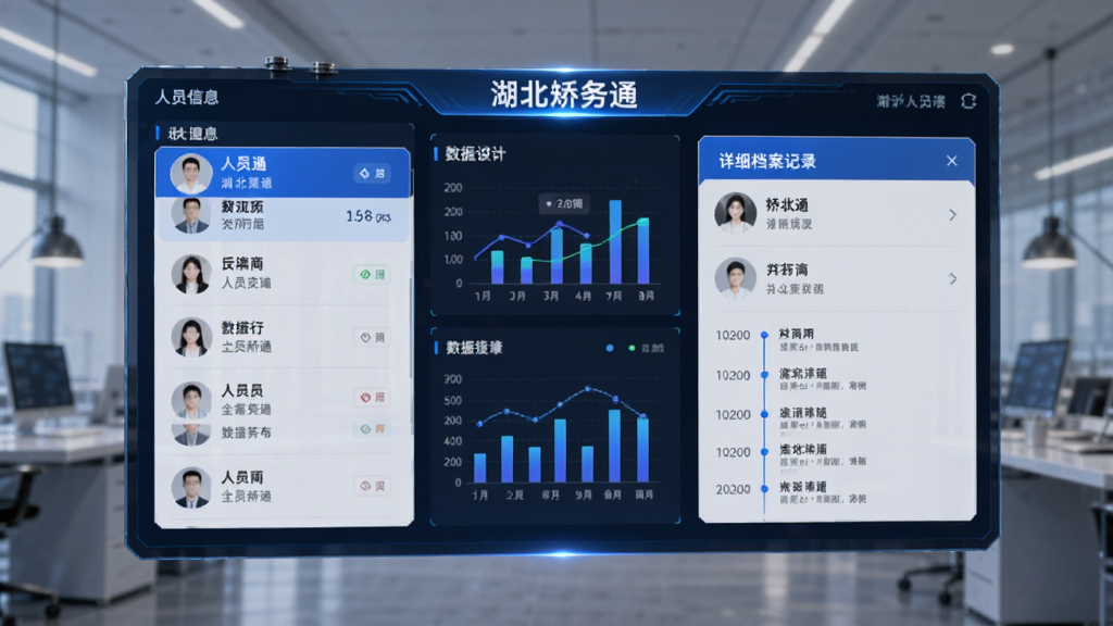 主体为一块悬浮的数字化信息面板,布局采用左右分栏,左侧为人员列表,右侧为详细档案卡片,排版整齐有序,风格为商务科技感,细节包含蓝色高亮选中状态、数据图表、时间轴记录,画质高清,干净,无多余元素,画面中文字为
