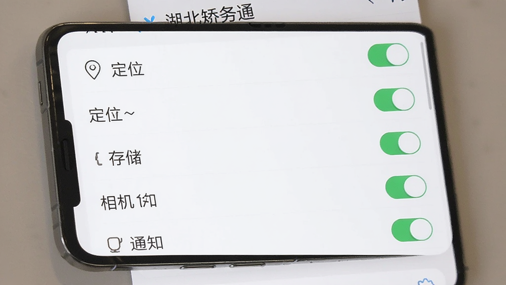 主体为手机显示设置界面中的权限管理页面,布局采用列表式排列,排版清晰,风格为极简浅色,细节包含定位、存储、相机、通知等权限开关,画质高清,干净,无多余元素,画面中文字为