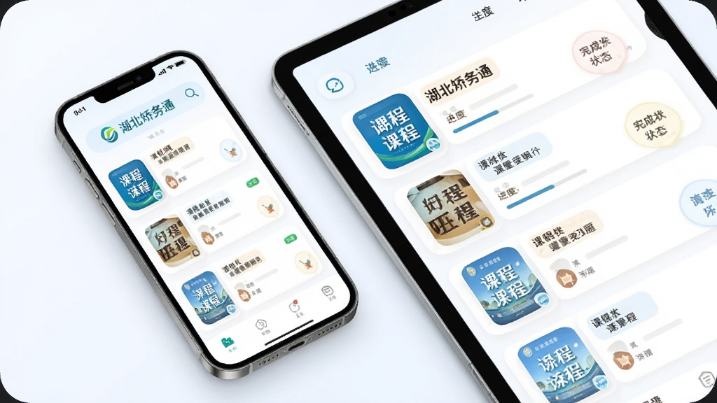 主体为手机与平板双设备展示学习任务列表,布局采用对角线构图,排版错落有致,风格为柔和圆角设计,细节包含课程封面、进度条、完成状态标签,画质高清,干净,无多余元素,画面中文字为