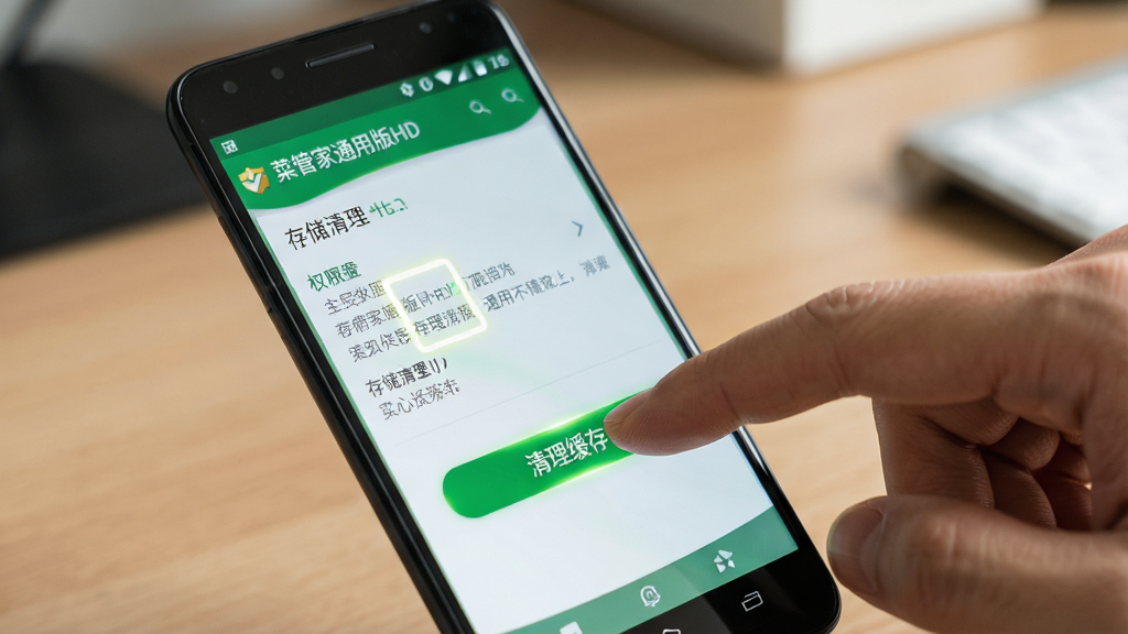 主体为一部安卓手机特写,屏幕上显示“菜管家通用版HD”的应用权限设置页面和存储清理界面,画面中有一只手正在点击屏幕上的“清理缓存”按钮;布局采用手机居中、手部从右侧入画的构图;排版上手机屏幕内容清晰,按钮有高亮效果;风格为写实生活化风格,色调以手机屏幕的绿色界面与手部肤色为主;细节包括手指自然弯曲、屏幕有轻微反光、背景为虚化的桌面;画质为高清摄影风格,画面干净无杂乱元素