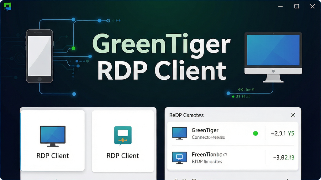 一张展示GreenTiger RDP Client软件主界面的预览图,画面中央是软件名称“GreenTiger RDP Client”的醒目标识,下方排列着远程桌面连接入口和最近连接记录卡片,背景为深色科技风渐变,包含手机与电脑互联的线条元素,整体布局简洁清晰,风格为现代扁平化UI设计,细节包括连接状态指示灯和延迟数值显示,画质高清,干净无多余元素