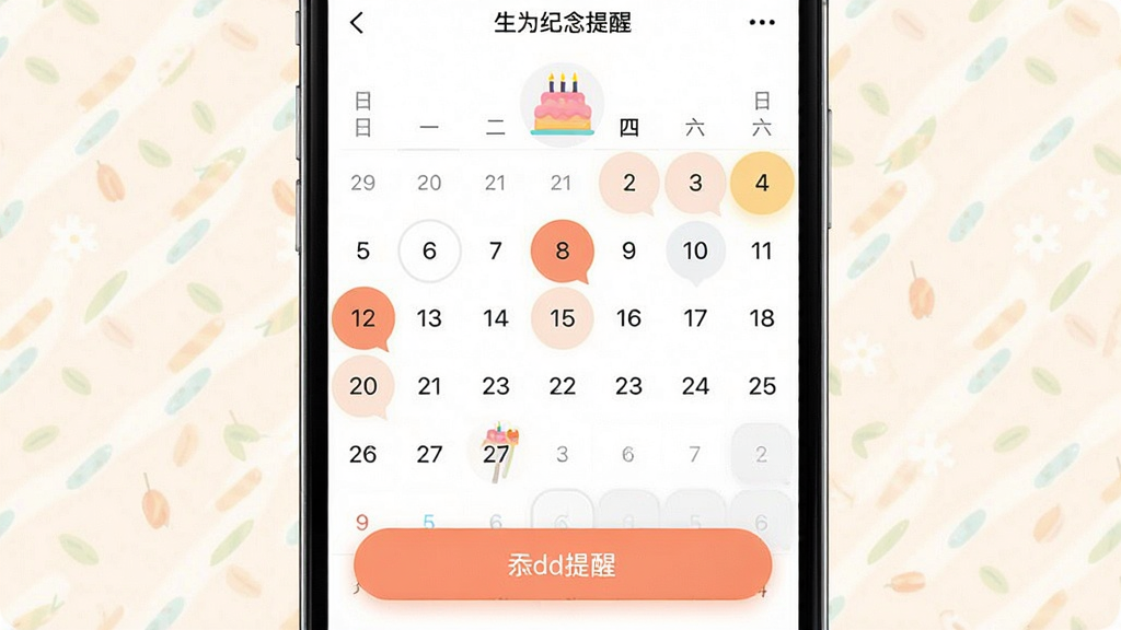 一张展示日历生日纪念提醒软件主界面的图片,画面中央是手机屏幕,屏幕内显示着带有生日蛋糕图标的日历月视图,下方有醒目的添加提醒按钮,整体布局简洁,排版清晰,风格温馨现代,细节上体现日期高亮和提醒气泡,画质清晰,干净,无多余元素