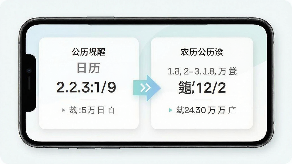 一张关于日历生日纪念提醒软件双历法功能的展示图,主体为手机界面,布局左侧显示公历日期,右侧显示对应的农历日期,排版采用卡片式设计,风格简约清新,细节上突出农历转换的箭头标识,画质高清,干净,无多余元素