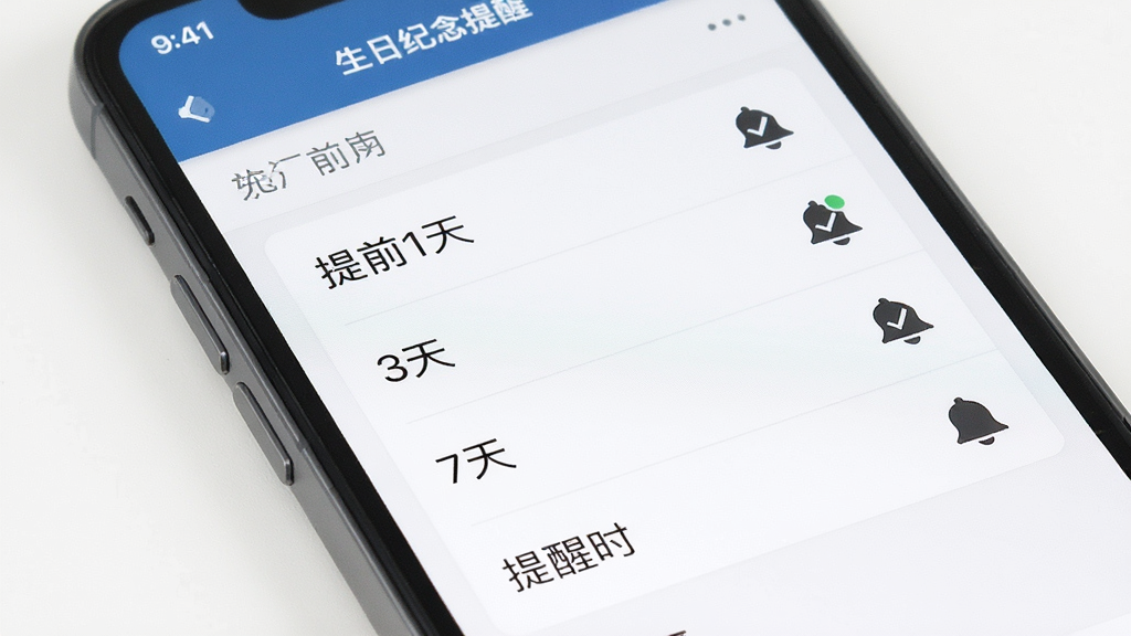 一张日历生日纪念提醒软件多级提醒设置界面的预览图,画面中手机屏幕显示提醒时间选项列表,包含提前1天、3天、7天等选项,布局纵向排列,排版整齐,风格商务简洁,细节上体现勾选状态和铃铛图标,画质清晰,干净,无多余元素