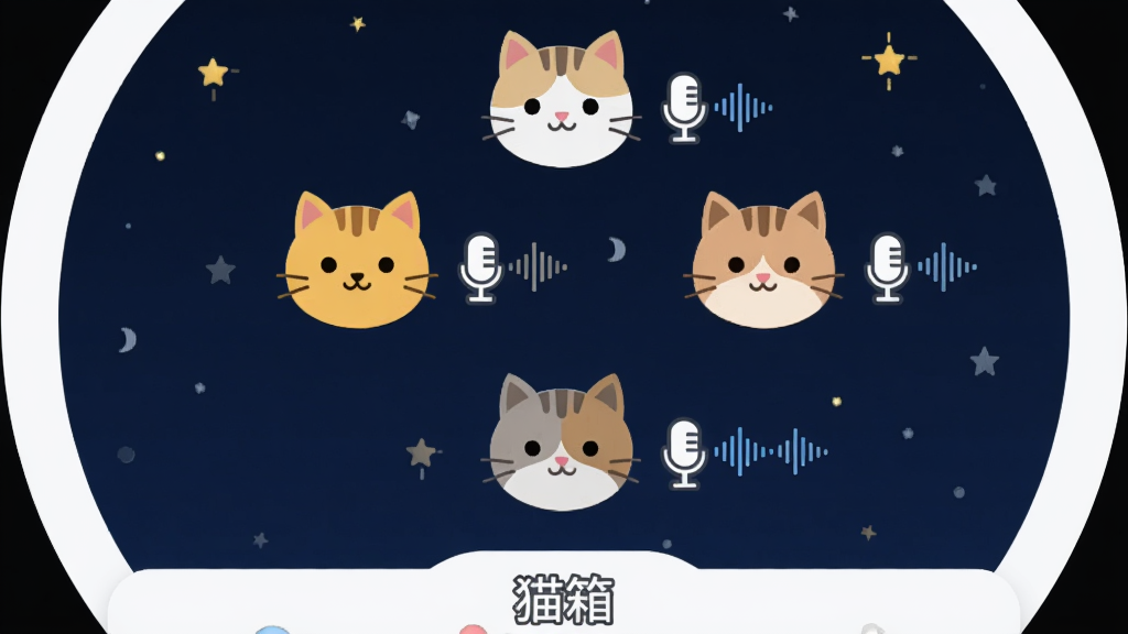 一个圆形语音聊天室的界面,中间是几个卡通猫咪头像围成一圈,每个头像旁边有麦克风图标和声波线条,背景是深蓝色星空,界面底部有“猫箱”字样,扁平化设计风格,排版对称,画质清晰,无多余元素