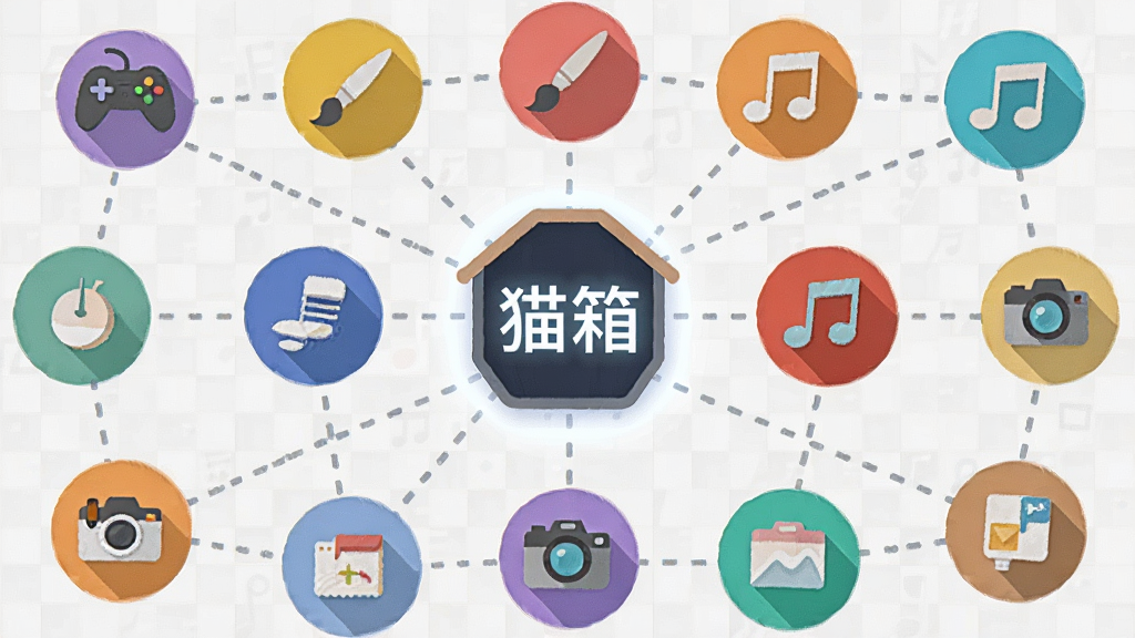 一个由多个彩色圆形图标组成的兴趣社交网络,每个图标代表不同爱好如游戏手柄、画笔、音符、相机等,图标之间用虚线连接,中心是一个发光的“猫箱”字样,背景为浅灰色网格,扁平化设计风格,排版整洁,画质清晰,无多余元素