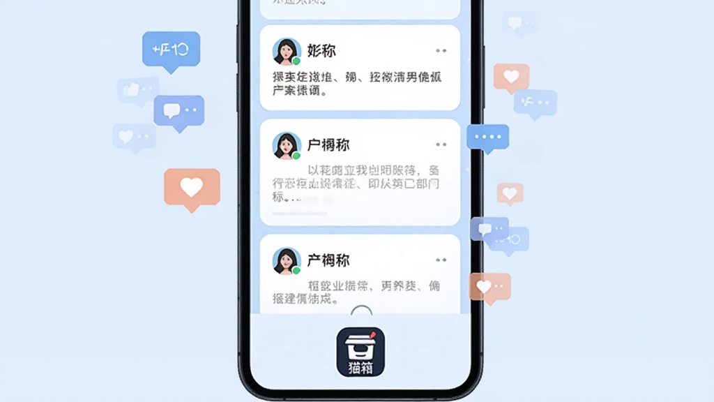 一个手机屏幕的界面展示,屏幕内是瀑布流式的图文卡片,每张卡片上有用户头像、昵称和简短文字,屏幕下方有“猫箱”APP图标,背景为浅蓝色,手机周围有漂浮的点赞和评论气泡,扁平化UI风格,排版清晰,画质干净,无多余元素