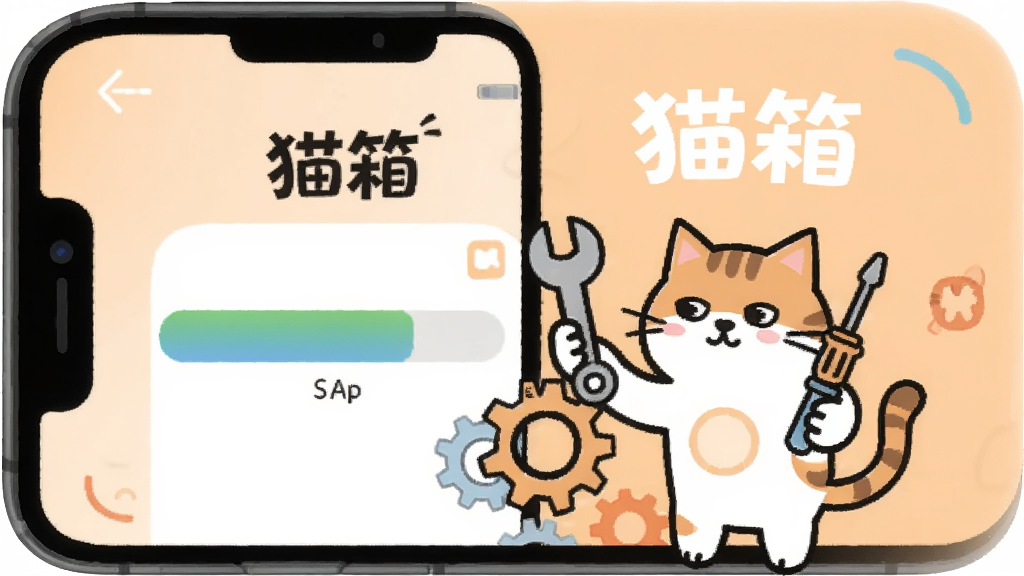 一部智能手机屏幕显示猫箱APP的安装进度条,旁边有卡通猫咪拿着扳手和螺丝刀在修理齿轮,背景是浅橙色,画面中有“猫箱”文字,扁平化插画风格,排版简洁,画质清晰,无多余元素