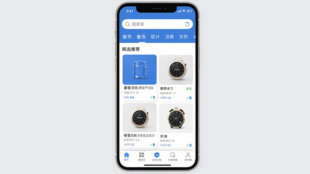 一张展示睿智严选软件界面的手机屏幕截图,画面中央是睿智严选APP的主页,顶部有搜索栏和分类导航,中间是精选商品推荐卡片,底部有五个导航标签,整体采用简约清新的蓝白配色风格,背景为浅灰色,画质清晰,干净无多余元素