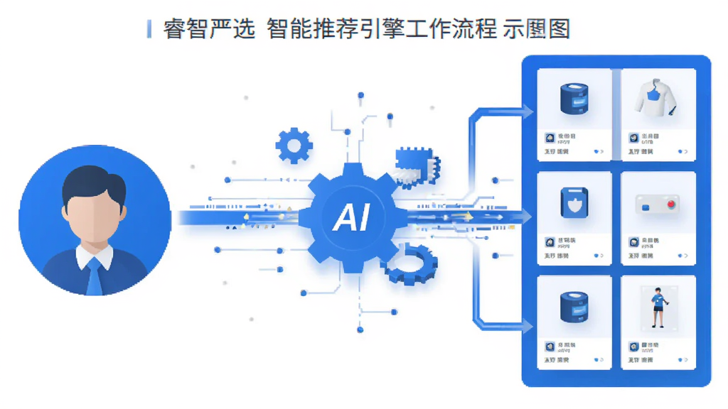 一幅展示睿智严选智能推荐引擎工作流程的示意图,画面左侧是用户画像图标,中间是AI算法齿轮与数据流,右侧是商品卡片列表,整体采用科技蓝与白色搭配的扁平化设计风格,布局清晰,画质干净,无多余元素