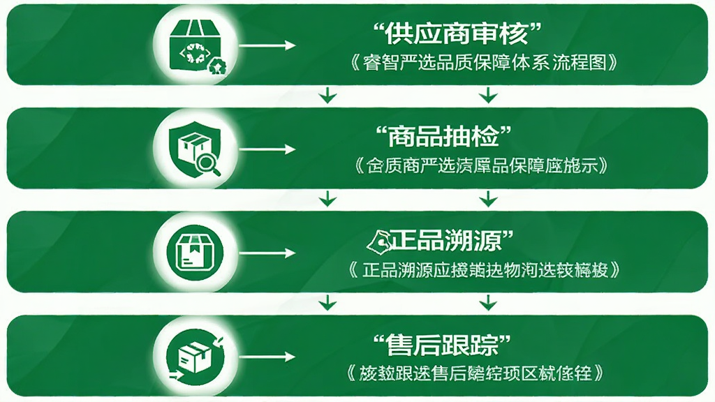 一张展示睿智严选品质保障体系的流程图,画面从上到下依次为供应商审核、商品抽检、正品溯源、售后跟踪四个环节,每个环节配有对应图标,整体采用绿色与白色为主的商务风格,排版整齐,画质清晰