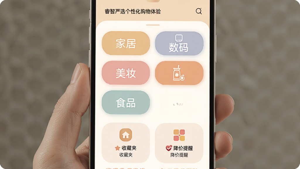 一张展示睿智严选个性化购物体验的界面截图,画面中手机屏幕上显示兴趣标签选择页面,有家居、数码、美妆、食品等标签按钮,下方是收藏夹和降价提醒功能入口,整体采用柔和圆角设计风格,色彩温暖,画质干净