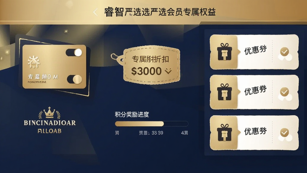 一张展示睿智严选会员专属权益的页面截图,画面中显示会员卡图标、专属折扣标签、积分奖励进度条和优惠券列表,整体采用金色与深蓝色搭配的高端风格,排版精致,画质清晰,无多余元素