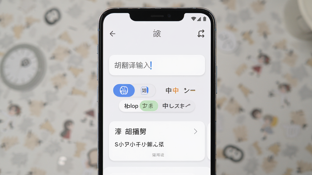 胡桃翻译君应用主界面展示,主体为一部竖屏安卓手机,屏幕中央显示翻译输入框与中英日多语言切换标签,布局为居中对称,排版简洁清晰,风格为现代扁平化UI设计,细节包含浅色背景、圆角按钮、语言图标和翻译结果卡片,画质高清,干净,无多余元素