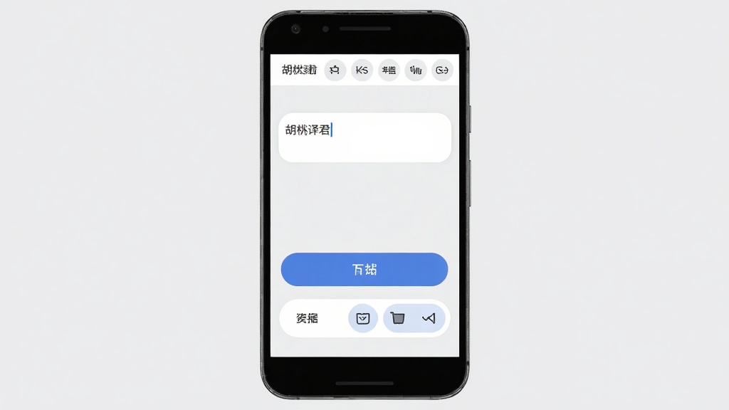 胡桃翻译君简洁操作界面,主体为安卓手机正视图,布局为顶部语言栏中部输入框底部按钮,排版规整,风格为极简白色调,细节包含圆角输入框、蓝色翻译按钮和浅灰背景,画质高清,干净,无多余元素