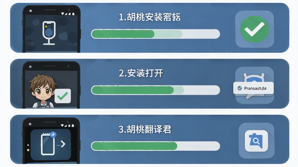 胡桃翻译君手机安装步骤示意图,主体为安卓手机与安装进度条,布局为竖向流程,排版从上到下展示下载、安装、打开三步,风格为扁平化教程风,细节包含勾选图标、权限弹窗和翻译图标,画质高清,干净,无多余元素