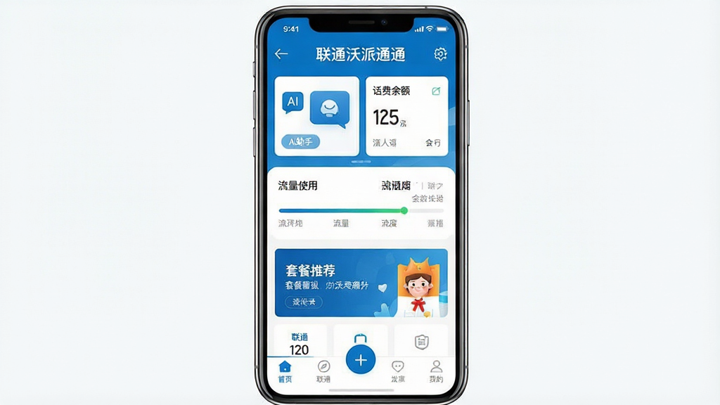 一张展示“联通沃派通通”手机应用主界面的预览图,画面中央是一部现代智能手机,屏幕显示应用首页,顶部有“联通沃派通通”文字标识,页面包含AI助手对话入口、话费余额卡片、流量使用进度条、套餐推荐横幅和底部导航栏,整体布局清晰,采用联通品牌蓝色与白色为主色调,风格简洁现代,细节包括图标、按钮和文字排版,画质高清,干净无多余元素