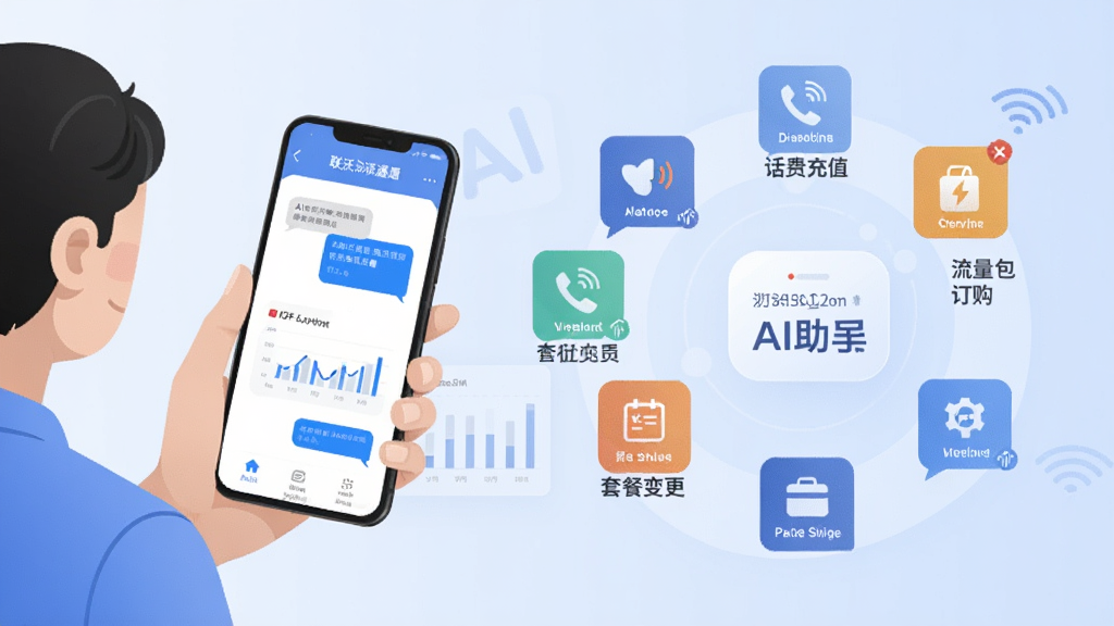 一幅展示“联通沃派通通”AI助手与业务办理功能的场景图,画面左侧是用户手持手机与AI对话的界面,右侧是话费充值、流量包订购、套餐变更等业务图标环绕排列,背景为淡蓝色渐变,风格扁平化科技感,细节包括对话气泡、数据图表和业务卡片,画质清晰,干净整洁