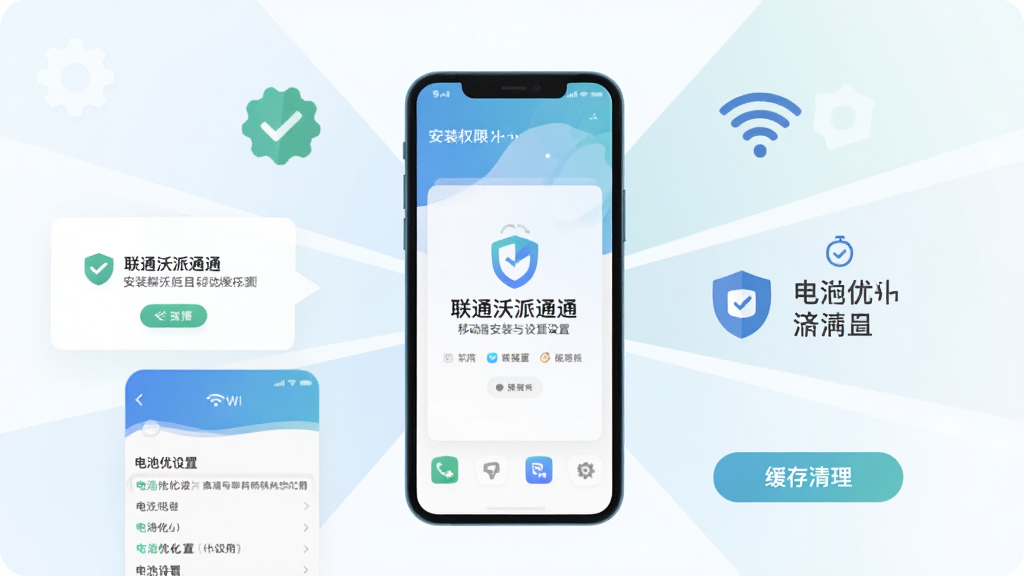 一幅展示“联通沃派通通”移动端安装与设置流程的示意图,画面以手机屏幕为中心,周围环绕安装权限提示、WiFi连接图标、电池优化设置界面和缓存清理按钮,布局呈放射状,风格清新扁平,细节包括对勾、齿轮和盾牌图标,画质清晰,干净无多余元素