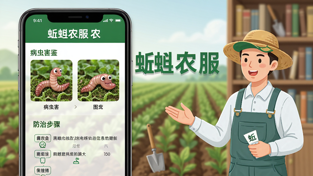 蚯蚓农服农技知识页面,手机屏幕展示病虫害图鉴与防治步骤,旁边有农技员讲解插画,背景为农田与书架元素,画面中央有