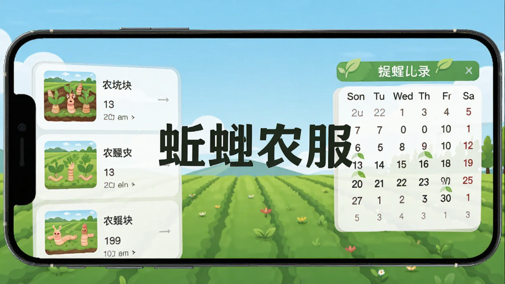 蚯蚓农服农事记录界面,手机屏幕显示农田地块列表与日历提醒,背景为绿色田野与蓝天,画面中央有
