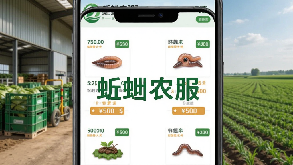 蚯蚓农服农资商城页面,手机屏幕显示种子化肥商品列表与价格标签,背景为仓库与农田场景,画面中央有